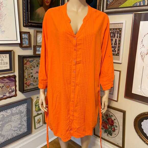 Roamans Plus Size 28W Orange Button-Down Tunic Dress With Belt & Long Sleeves - Picture 3 of 8